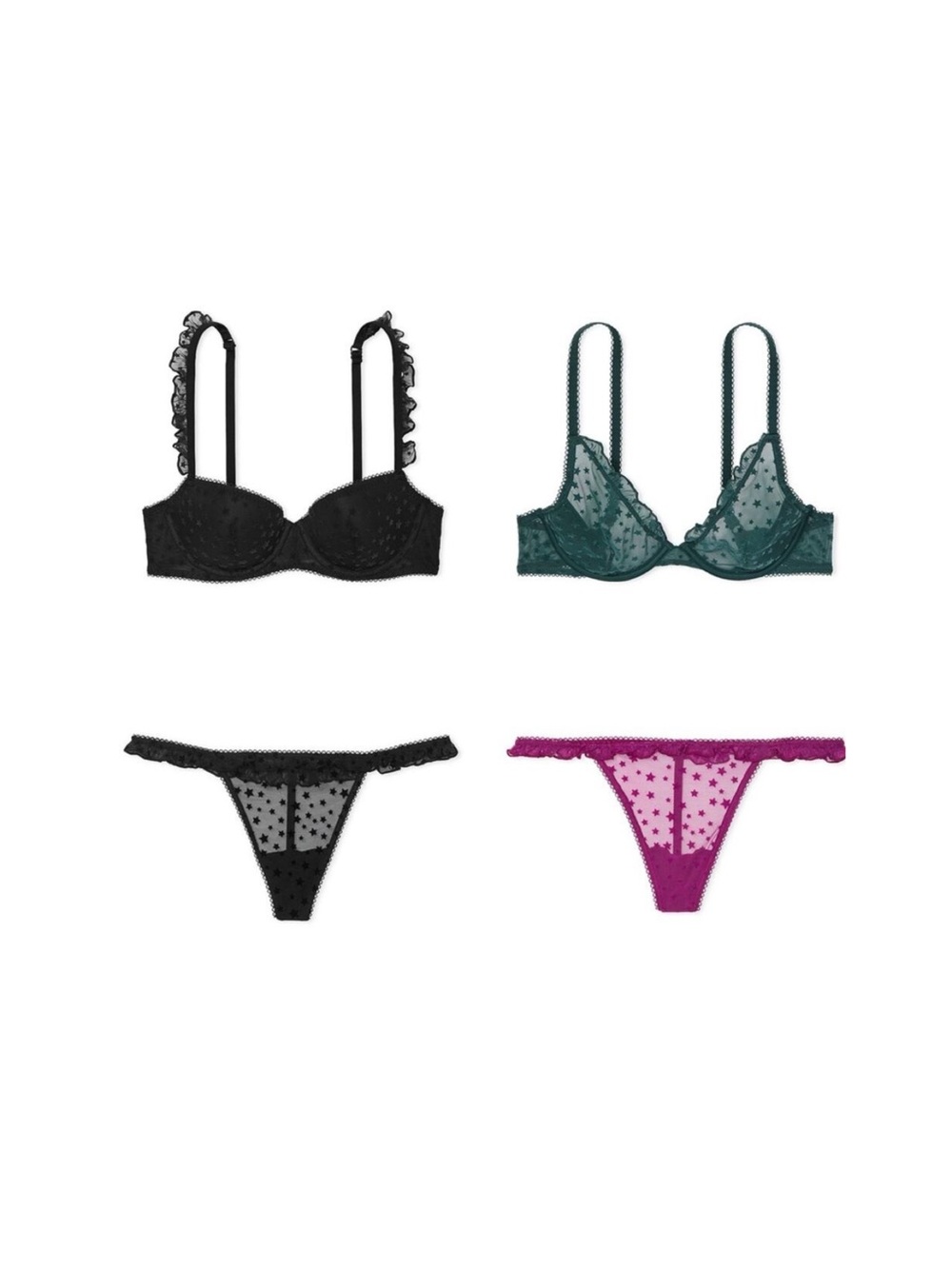 4 pc set Victoria Secret Pink Star Chaser Ruffle Underwire Bras Thong Sets